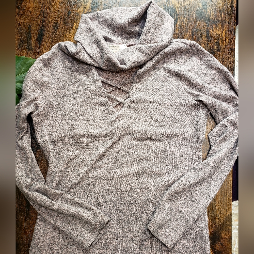 Pale pink gray fuzzy cowl neck peekaboo turtleneck tunic